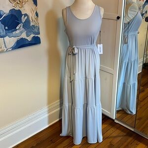 Sleeveless Light Gray Tiered Maxi Dress with Waist Tie
